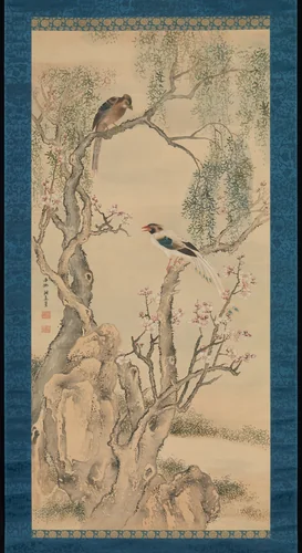 Birds in Willows and Blossoming Peach Tree by Yosa Buson (与謝蕪村), painting, 1760-1769