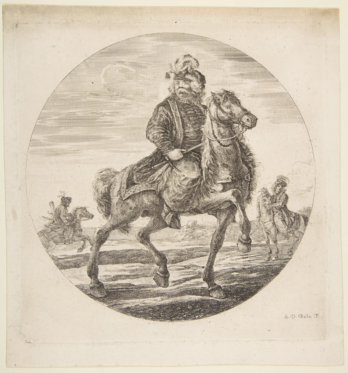 Hungarian horseman riding towards the right, other horsemen in the background, a circular composition from 'Figures on Horseback' (Cavaliers nègres, polonais et hongrois) by Stefano della Bella, print, 1646-1656