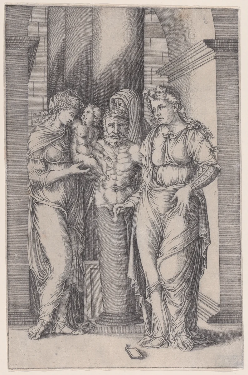 The Child Presented to Priapus by Agostino Veneziano, print, 1514-1536