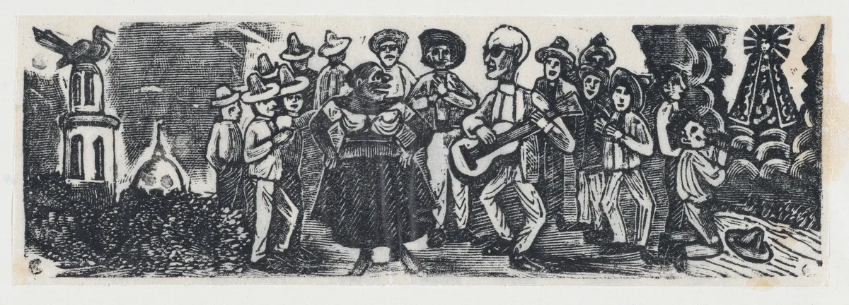 A man playing a guitar serenading a woman, figures surround by José Guadalupe Posada, print, 1891-1901