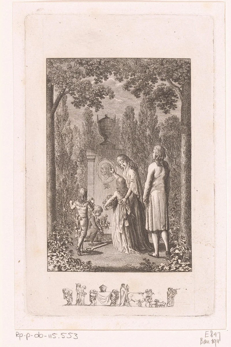Kinderen leggen bloemen bij het graf van hun grootvader by Daniel Nikolaus Chodowiecki, print, 1797