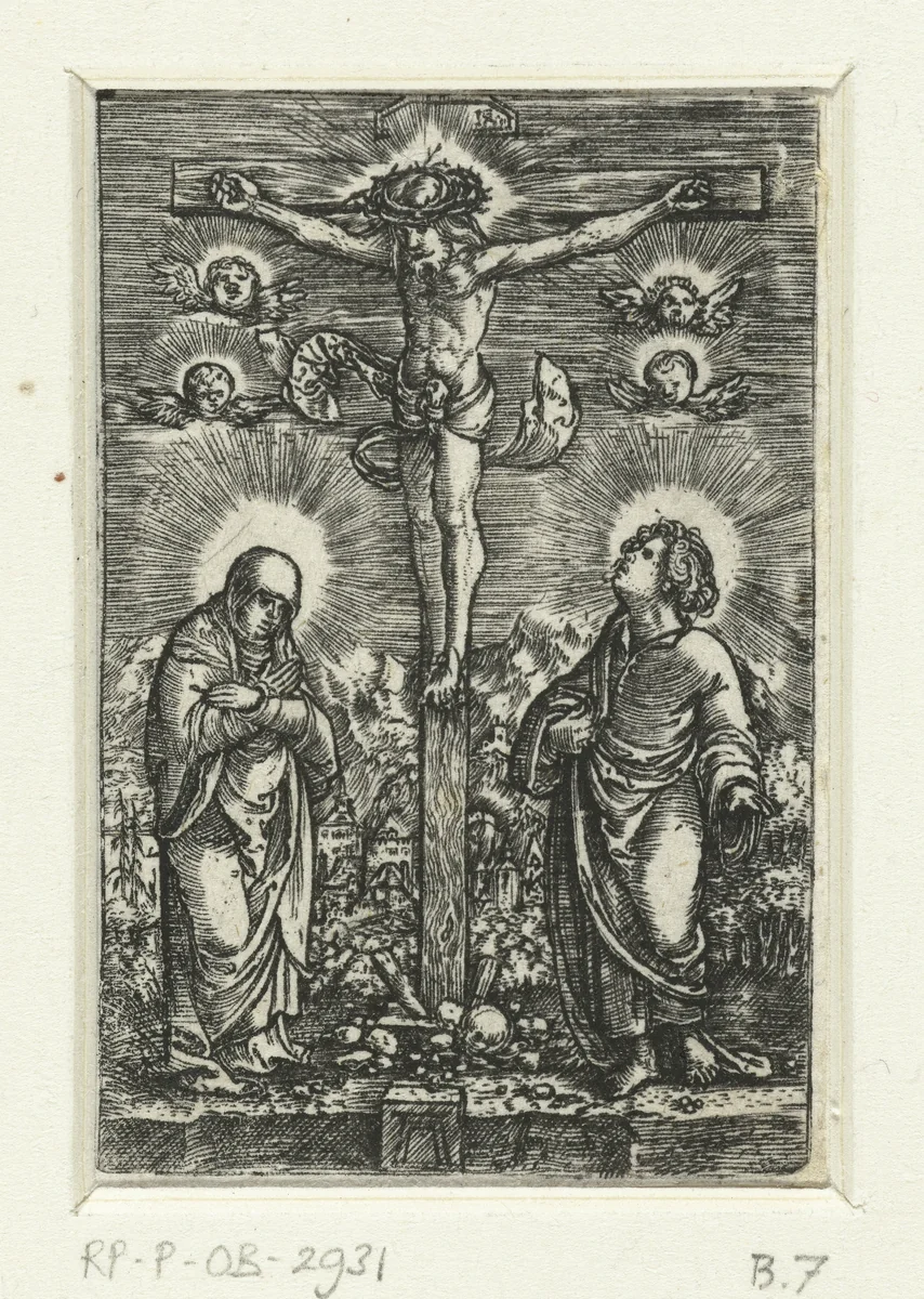 Christus aan het kruis tussen Maria en Johannes by Unknown, print, 1506-1538
