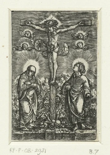 Christus aan het kruis tussen Maria en Johannes by Unknown, print, 1506-1538