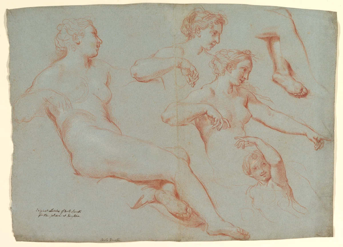 Four Studies of Recumbent Female Nudes (Galatea) by Carlo Maratti, drawing, 1708-1718