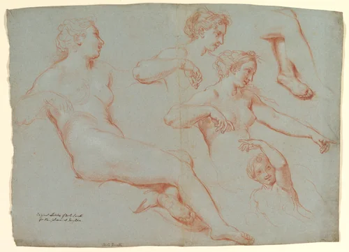 Four Studies of Recumbent Female Nudes (Galatea) by Carlo Maratti, drawing, 1708-1718