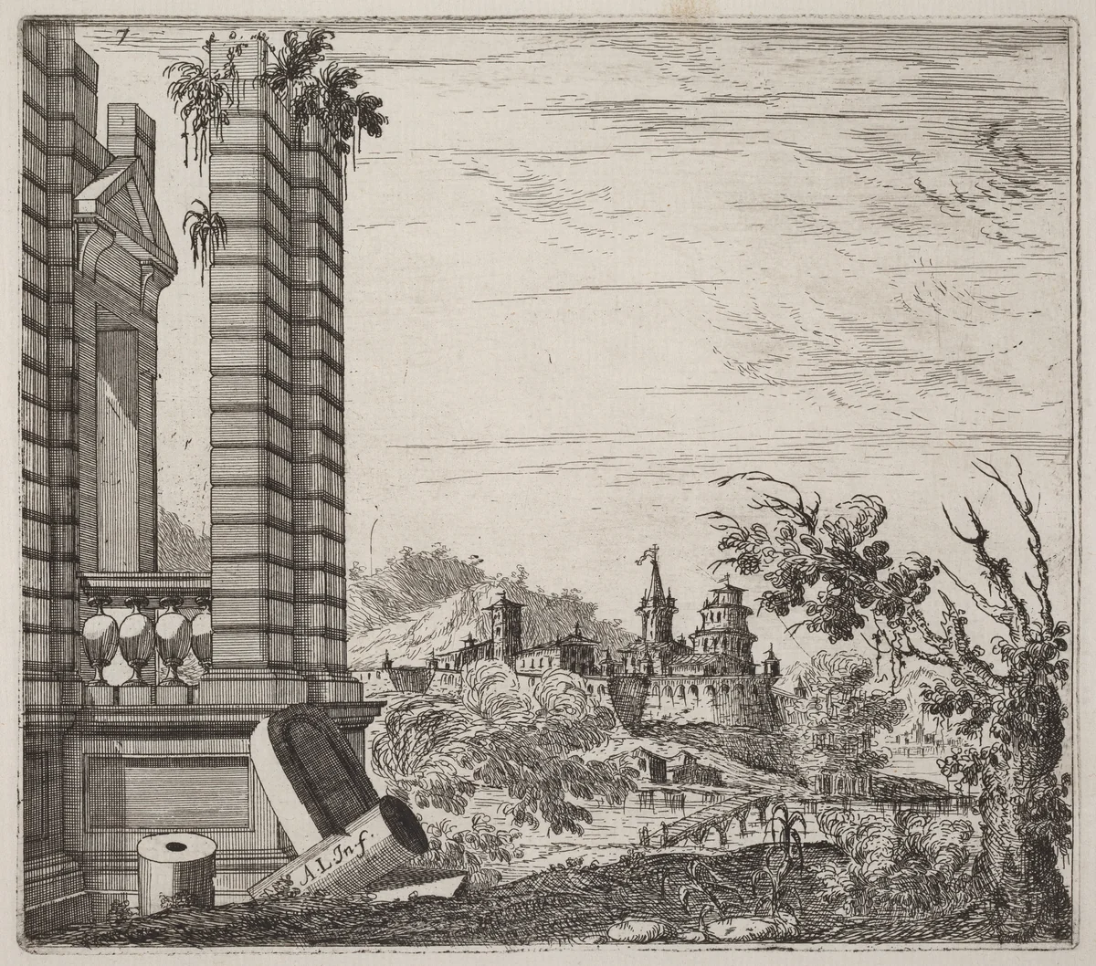 Fantastic River Landscape with Ruins and a Castle by Giuseppe Antonio Landi, print, 1719-1753