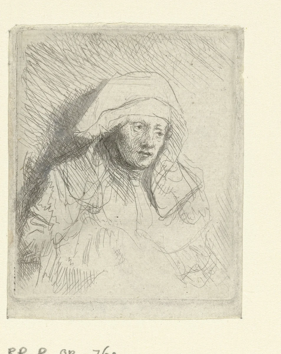 Sick woman with a large white headdress (Saskia) by Rembrandt van Rijn, print, 1645