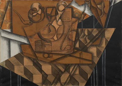 Verres, tasse de thé, bouteille et pipe sur une table by Juan Gris, painting, 1914