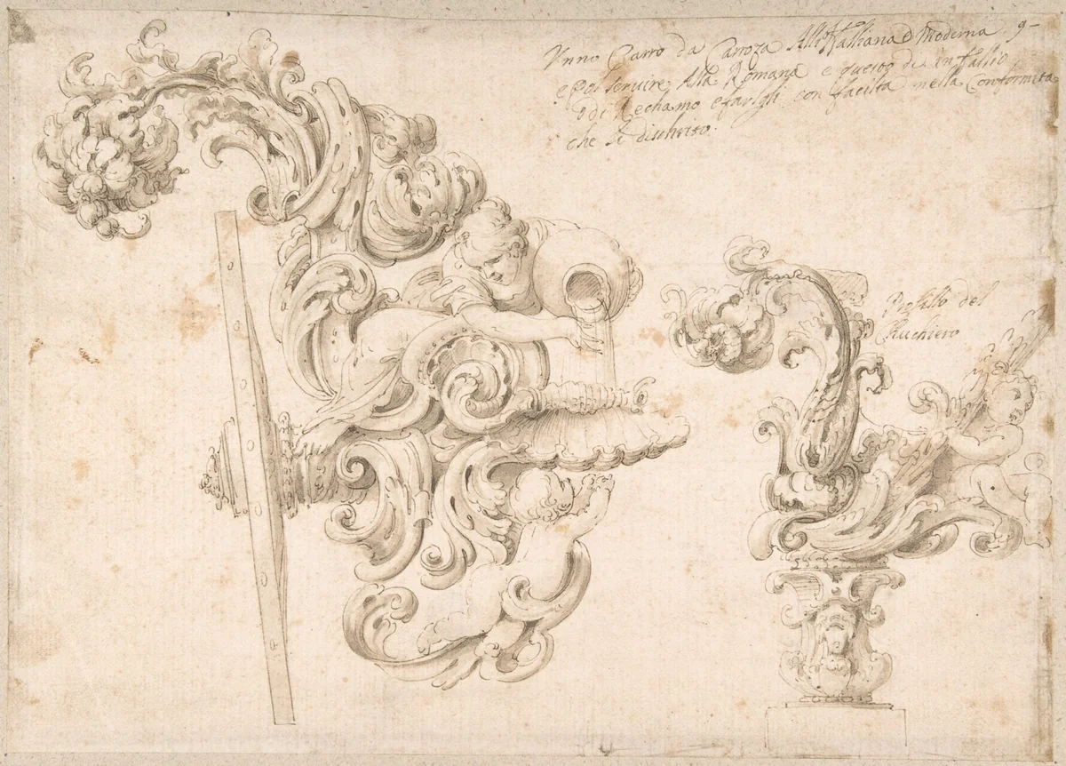 Design for the Rear of a Coach with a Girl Pouring Water into a Shell by anonymous, drawing, 1600-1699