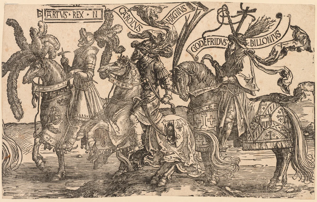 The Nine Heroes: Arthur, Charles the Great (Charlemagne), Godfrey of Bouillon by Lucas van Leyden, print, 1515-1517