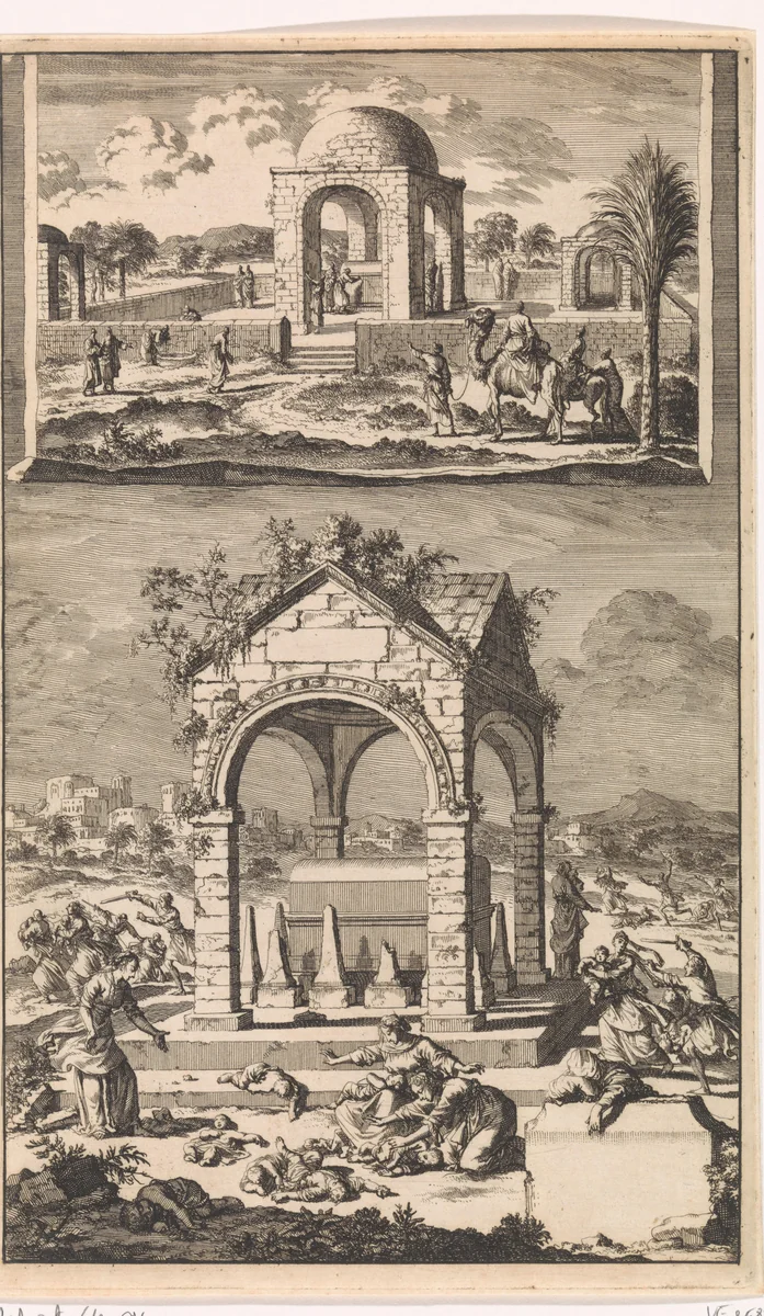 Graf en gedenksteen van Rachel in Bethlehem met de kindermoord te Bethlehem by Jan Luyken, print, 1700