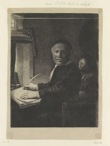 Portret van de schrijfmeester Lieven Willemsz. van Coppenol: kleine plaat by Pierre François Basan, book, 1750-1797
