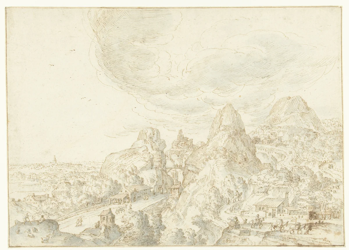 Landschap met bergen en een kronkelende weg by Hendrick van Cleve, drawing, 1588