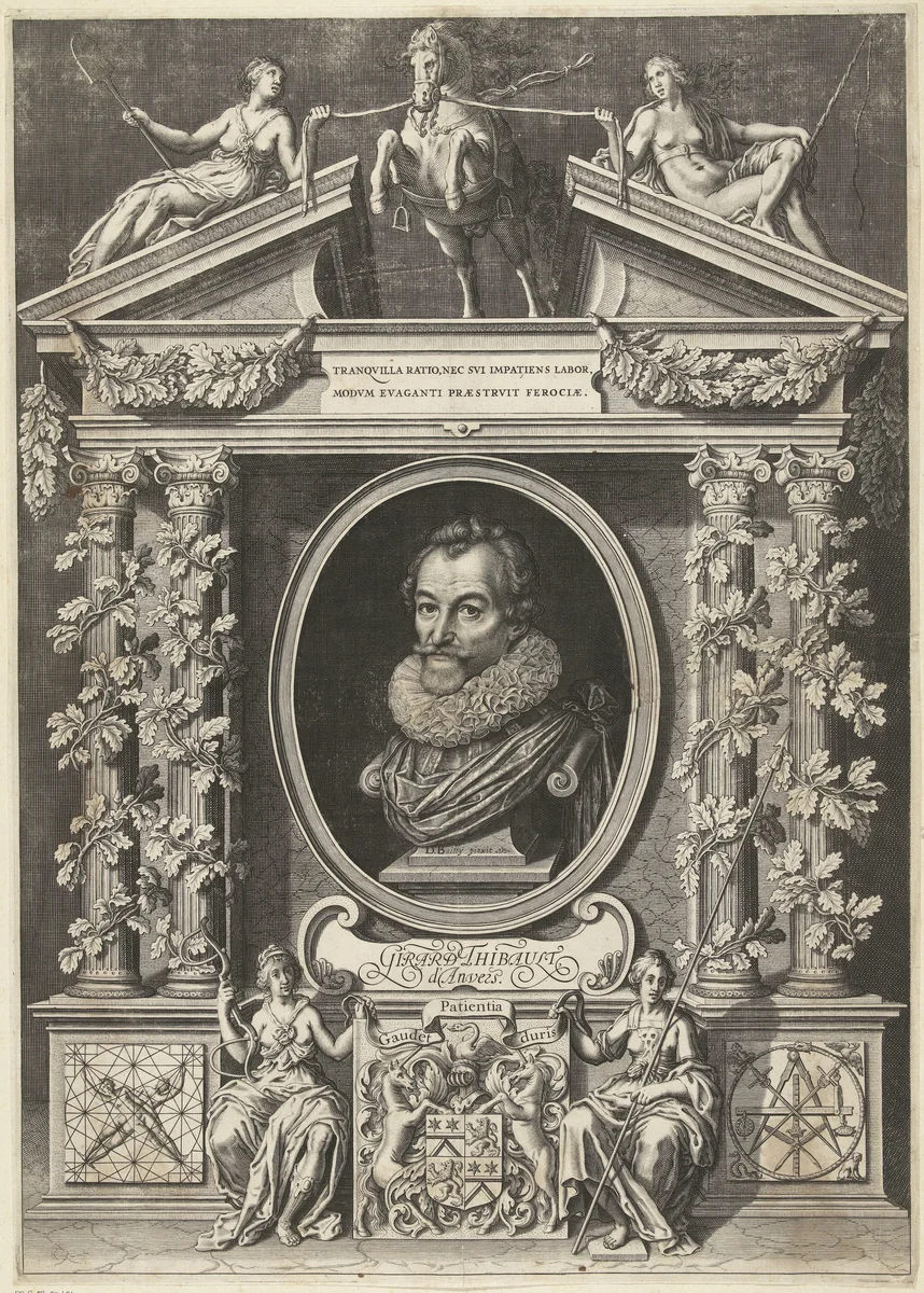 Portret van Gerard Thibault in architecturale omlijsting by Willem Jacobsz Delff, print, 1628-1630
