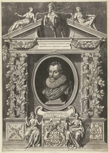 Portret van Gerard Thibault in architecturale omlijsting by Willem Jacobsz Delff, print, 1628-1630