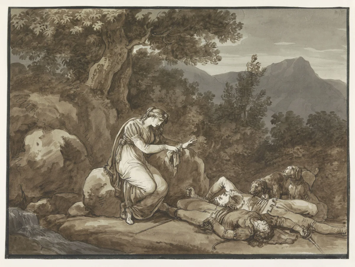 Colma Lamenting the Death of Salgar and her Brother by Bartolomeo Pinelli, drawing, 1809