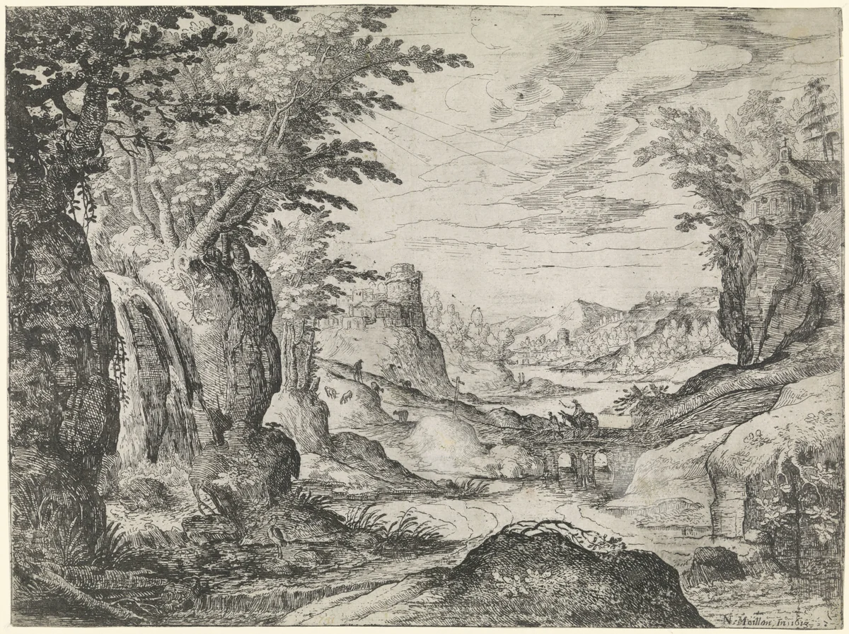 Berglandschap met rivier en brug by Nicolas Moillon, print, 1613