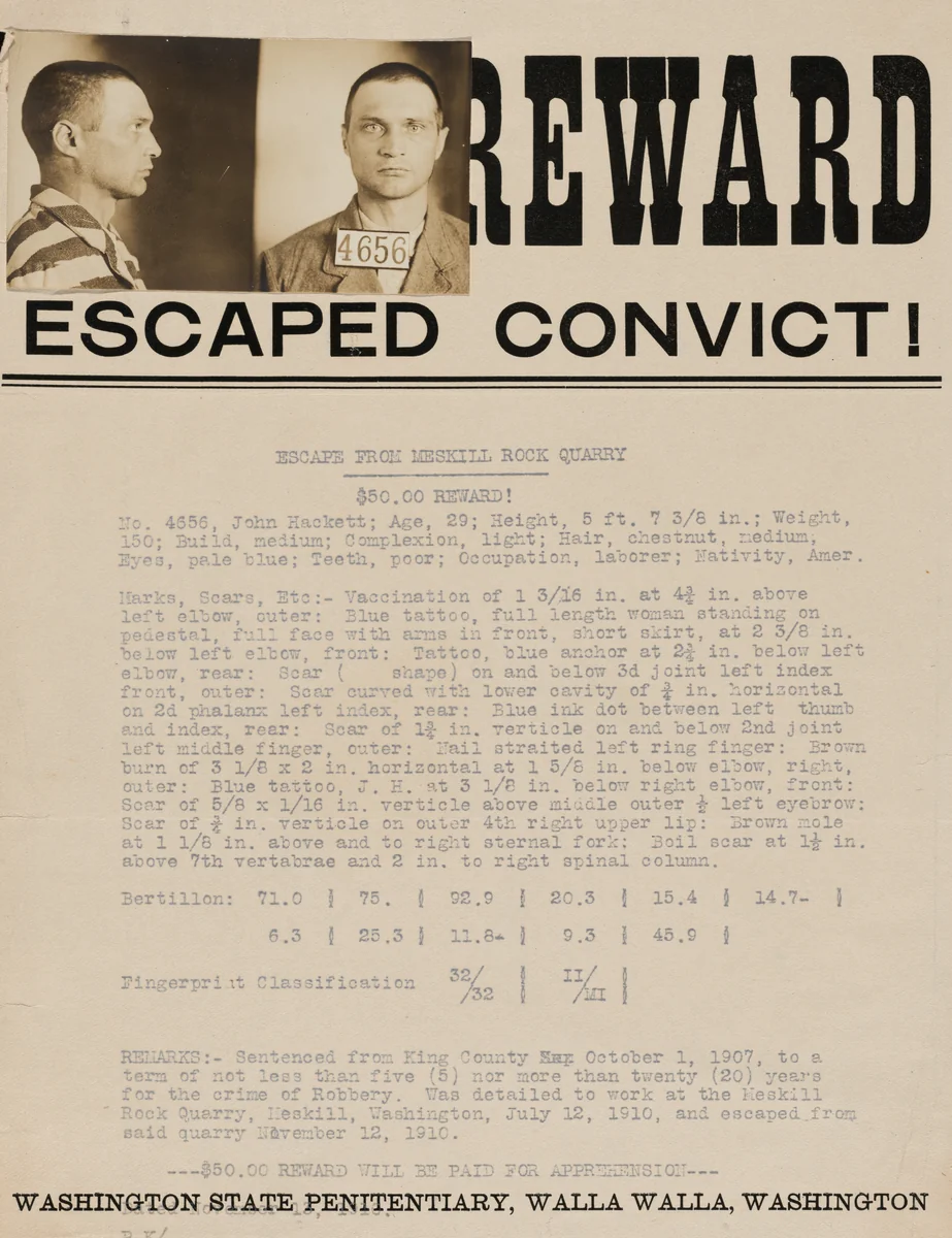 Reward poster for escaped convict, John Hackett, Walla Walla, Washington by American 20th Century, photograph, 1910