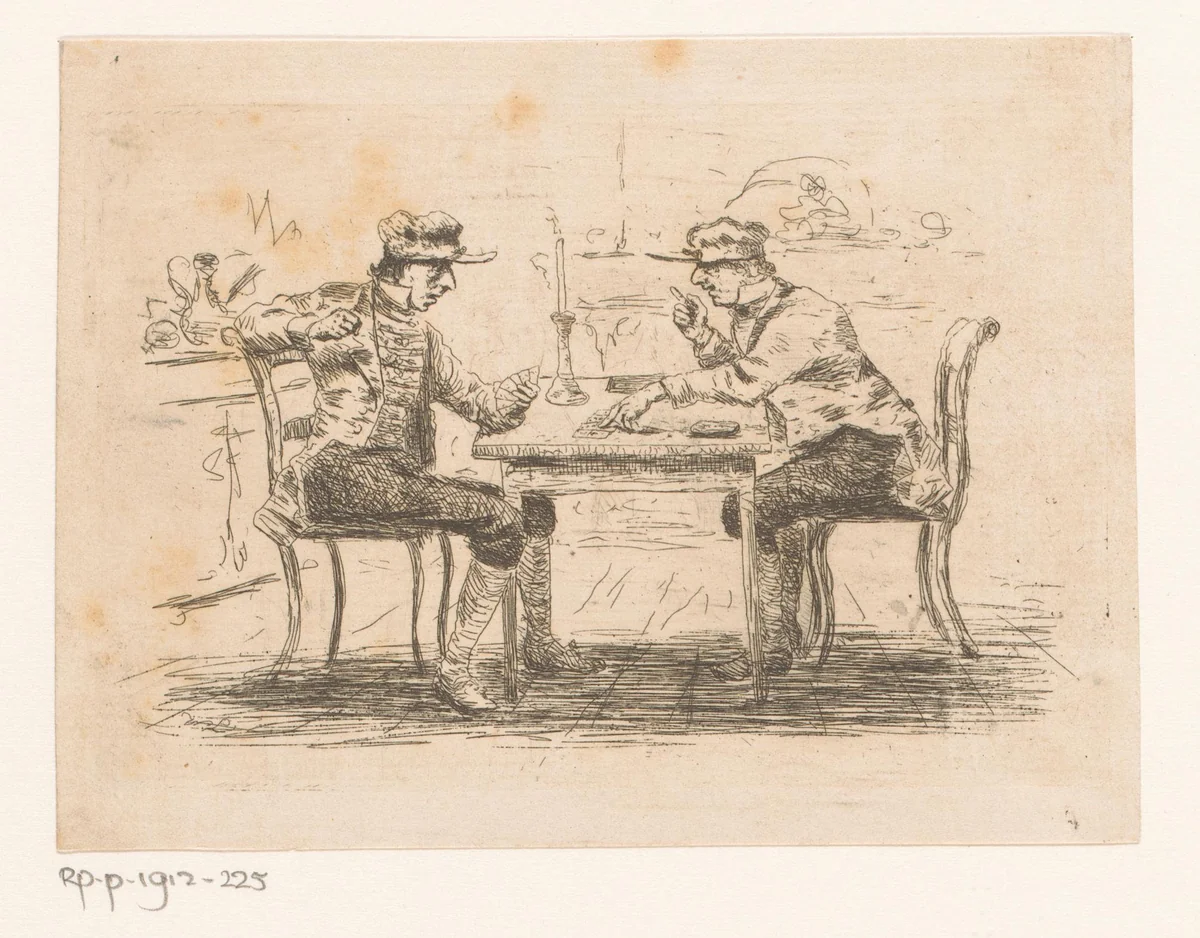 Twee kaartspelende mannen by Willem Linnig, print, 1829-1885