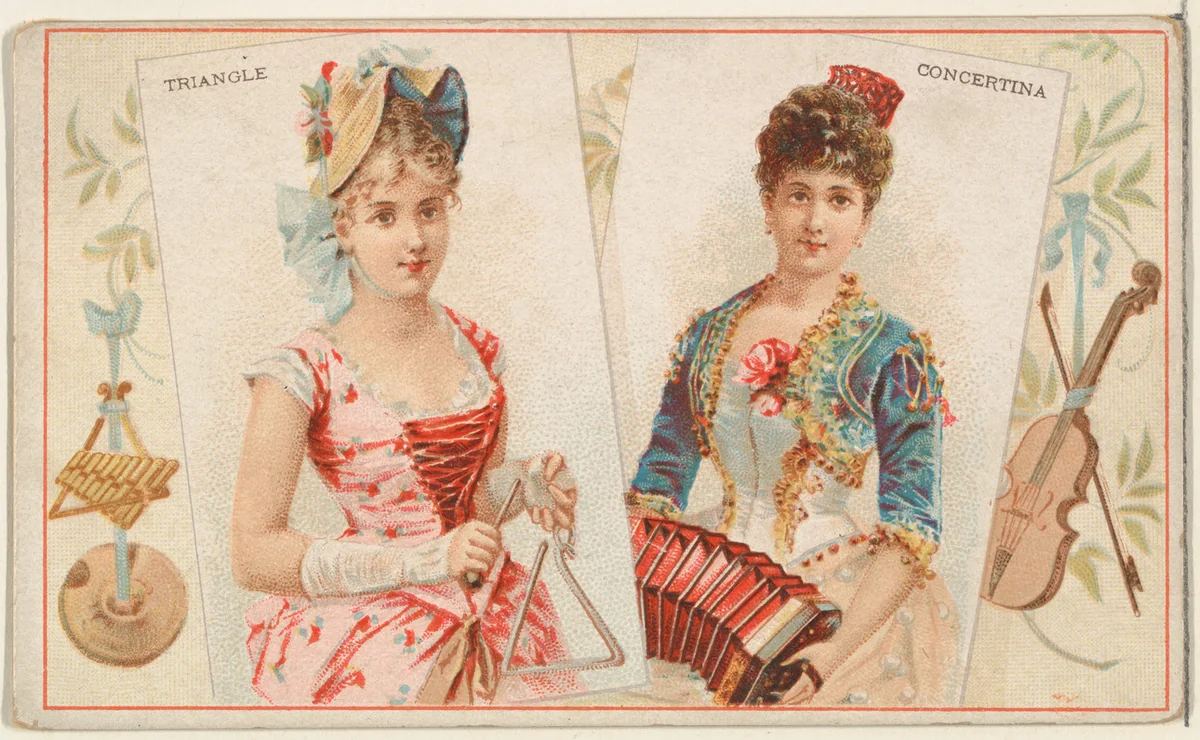 Triangle and Concertina, from the Musical Instruments series (N121) issued by Duke Sons & Co. to promote Honest Long Cut Tobacco by W. Duke, Sons & Co., print, 1888