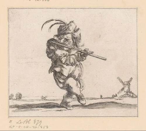 Karikatuur van een fluitspelende man by François Collignon, print, 1620-1687