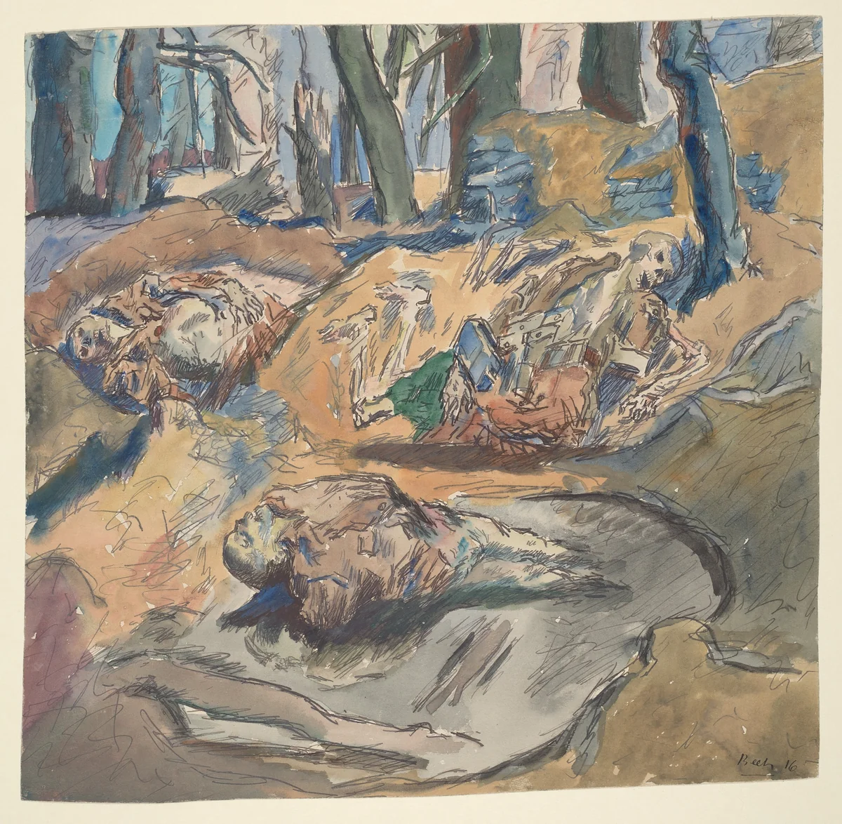 Dead Scottish Soldiers on the Battlefield near Ypres by René Beeh, drawing, 1916