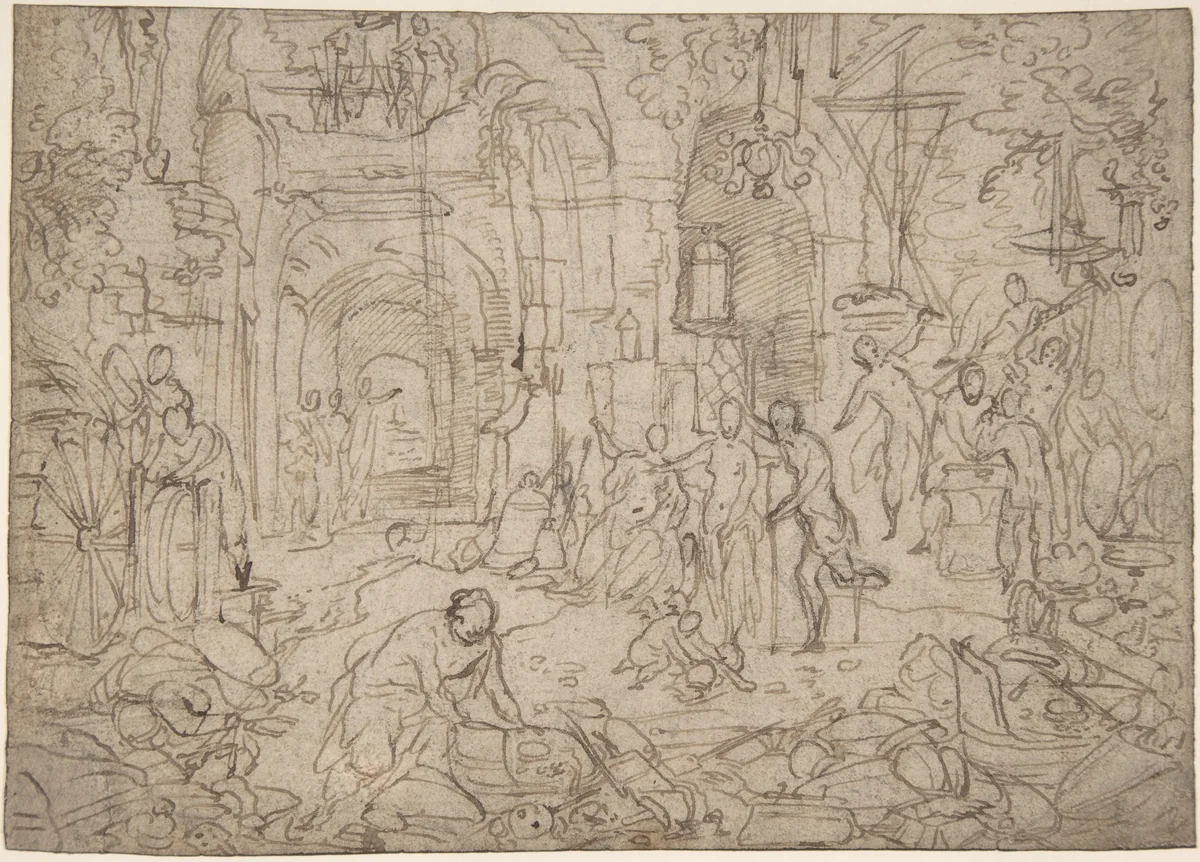 Venus Visiting the Forge of Vulcan by Pauwels Franck, drawing, 1550-1596