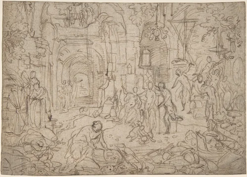 Venus Visiting the Forge of Vulcan by Pauwels Franck, drawing, 1550-1596