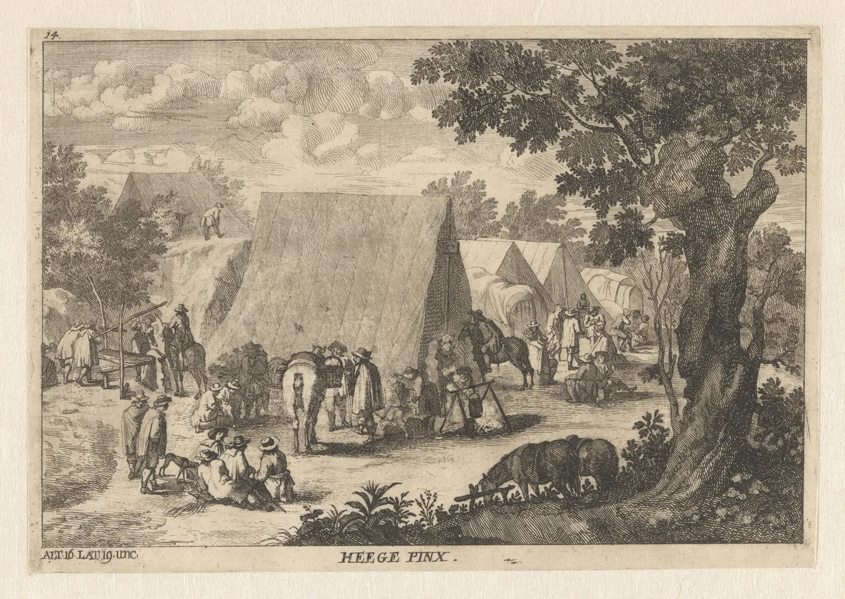Soldaten in een legerkamp by Anton Joseph von Prenner, print, 1728-1733