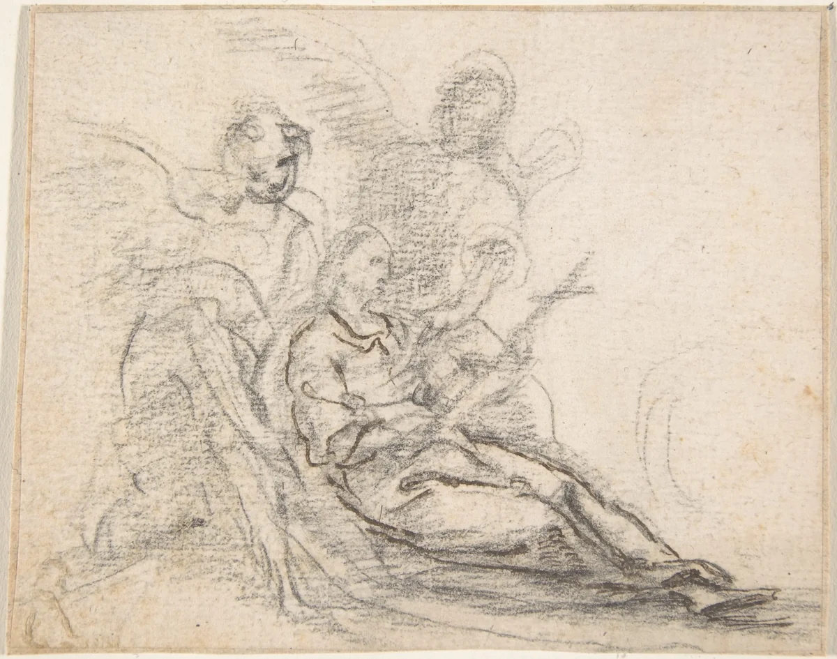 Reclining Figure of Saint Holding Cross, Supported by Two Angels (Death of the Magdalene?) by Pedro Duque Cornejo, drawing, 1695-1755