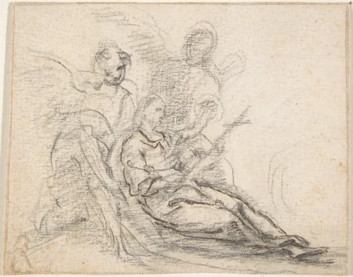 Reclining Figure of Saint Holding Cross, Supported by Two Angels (Death of the Magdalene?) by Pedro Duque Cornejo, drawing, 1695-1755