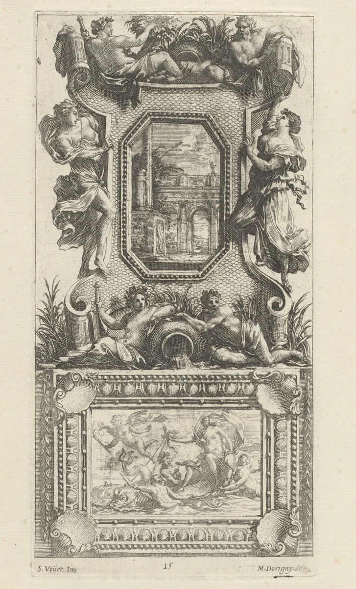 Ornamental Panel Surmounted by a Naiad and a River God by Michel Dorigny; Simon Vouet, print, 1647