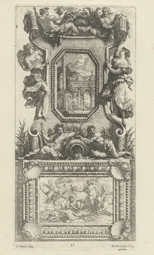 Ornamental Panel Surmounted by a Naiad and a River God by Michel Dorigny; Simon Vouet, print, 1647