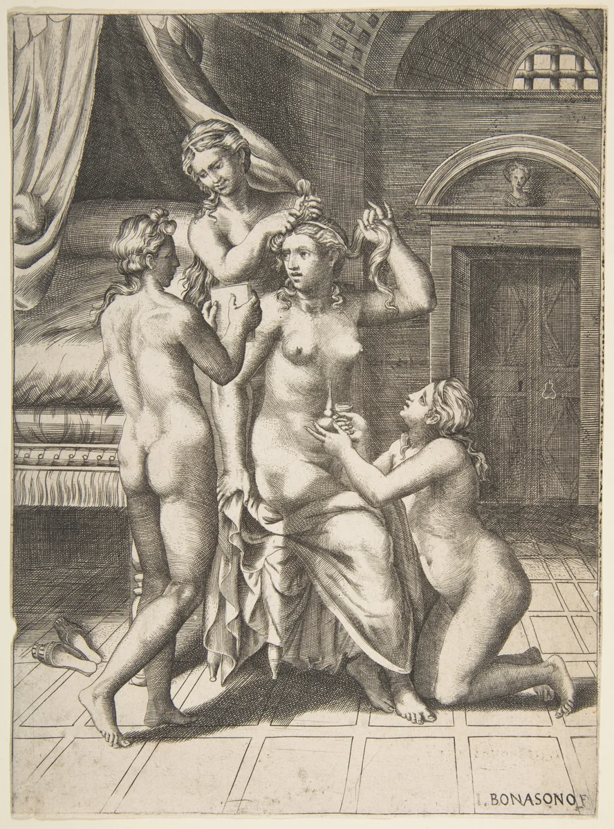The toilet of Psyche who is seated in the centre being attended to by Giulio Bonasone, print, 1531-1576