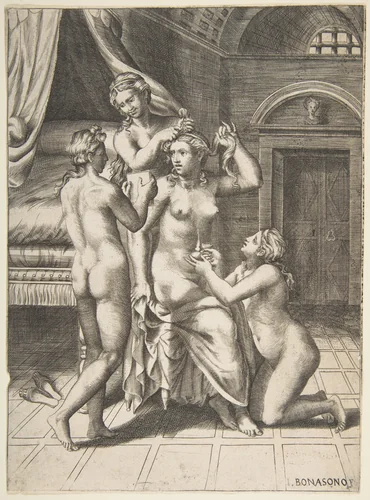 The toilet of Psyche who is seated in the centre being attended to by Giulio Bonasone, print, 1531-1576