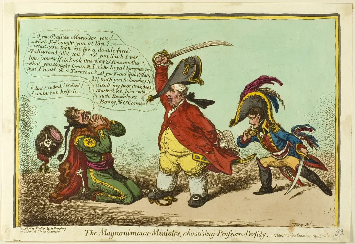 The Magnanimous-Minister, Chastising Prussian-Perfidy by James Gillray, print, 1806