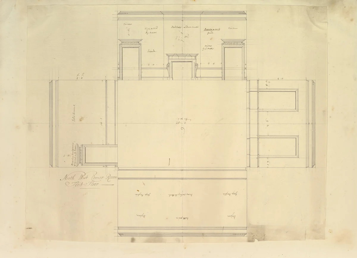 Treasury House, 10 Downing Street, London: Plan of the End Room Below (Northwest Corner Room, First Floor) by Isaac Ware, drawing, 1727-1747