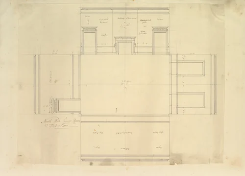 Treasury House, 10 Downing Street, London: Plan of the End Room Below (Northwest Corner Room, First Floor) by Isaac Ware, drawing, 1727-1747