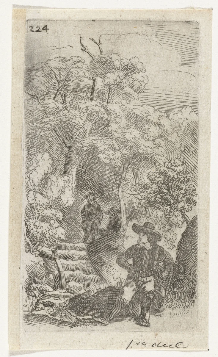 Drie mannen in een tuin by Samuel van Hoogstraten, print, 1648-1669