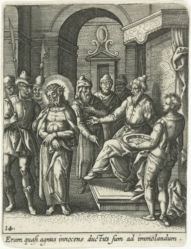 Pilatus wast zijn handen by Adriaen Collaert, print, 1570-1618