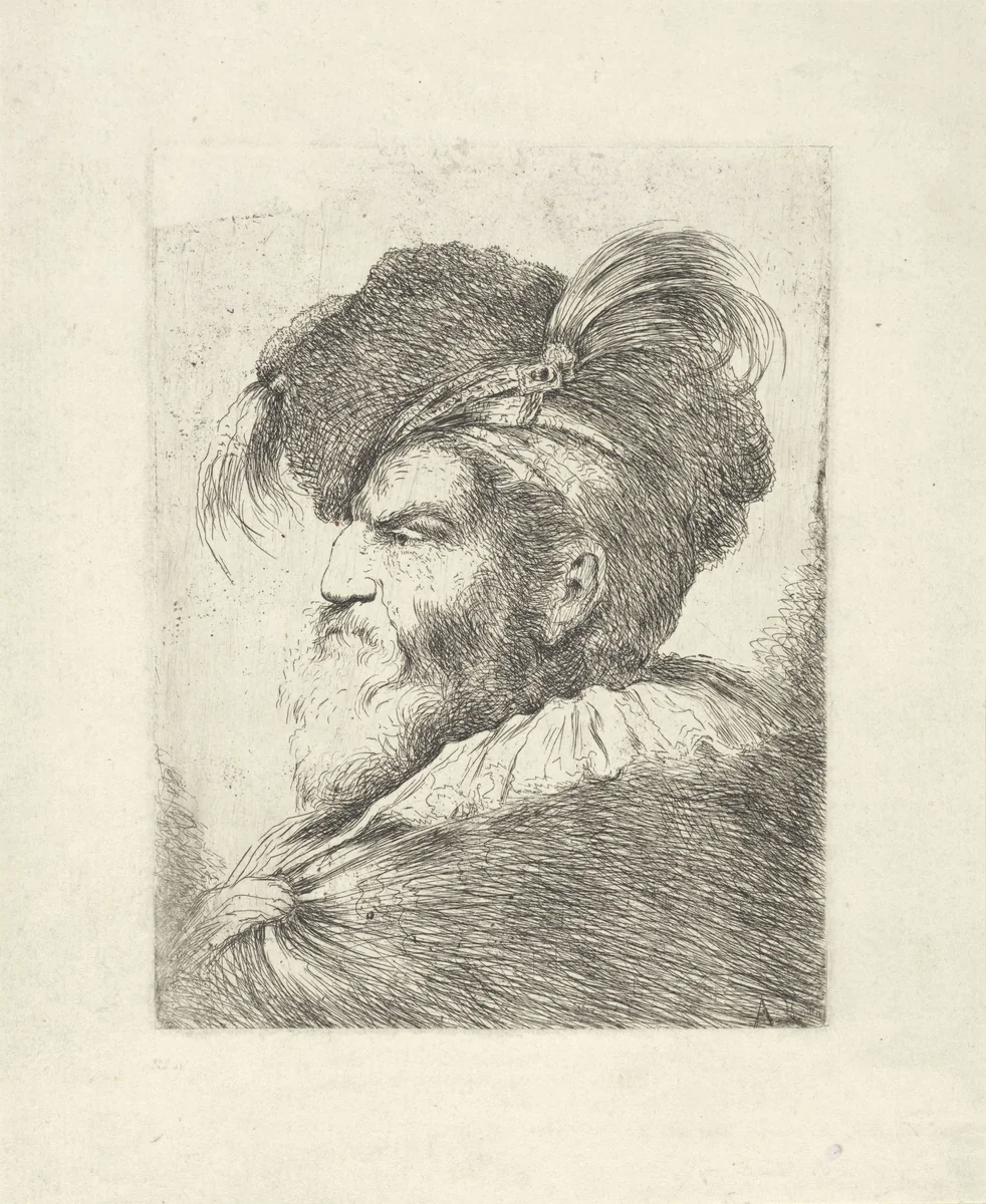 Man met gevederde baret by Alessandro Longhi, print, 1743-1813