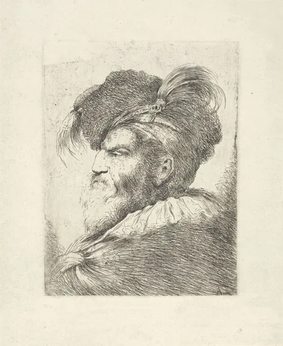 Man met gevederde baret by Alessandro Longhi, print, 1743-1813