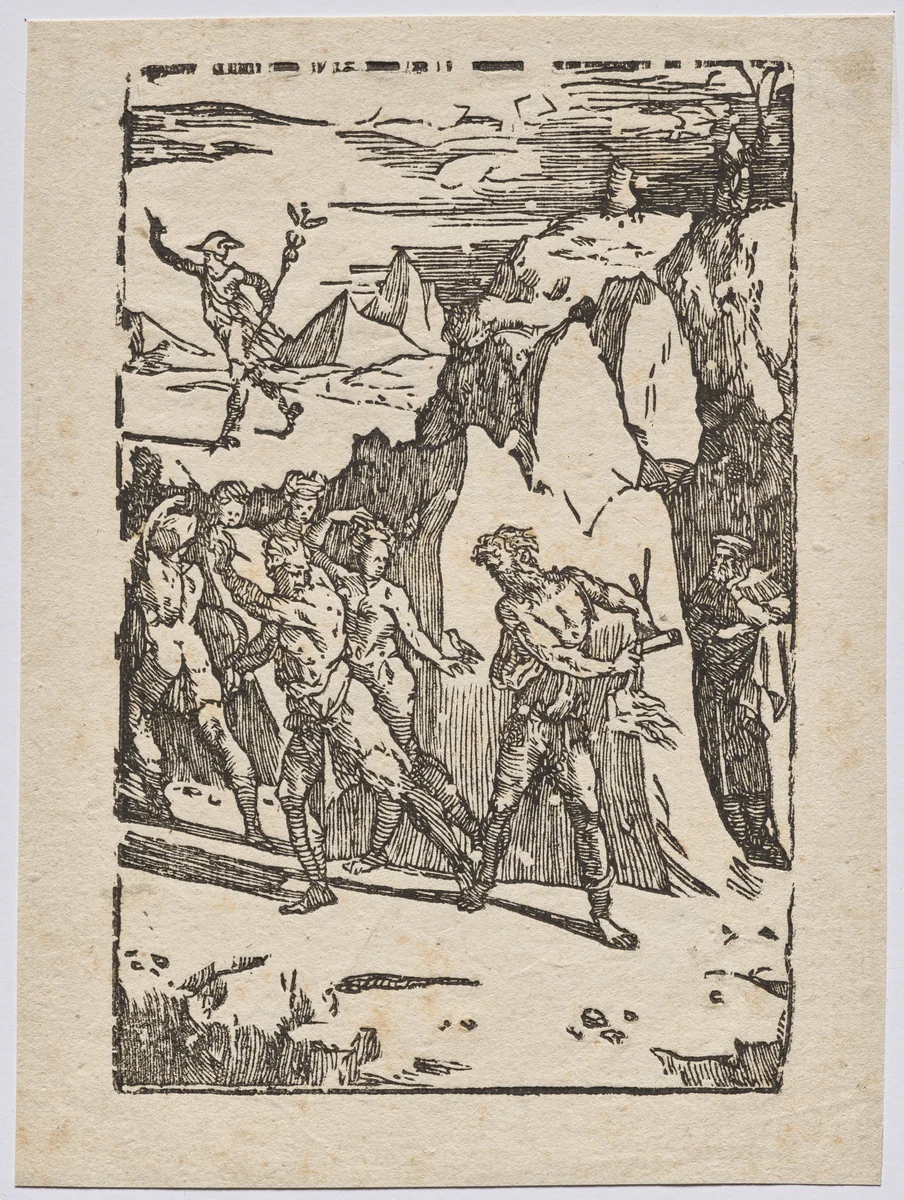 The Alchemical Properties of Metal: Mercury, Vulcan, and the Alchemist in the Cave by Domenico Beccafumi, print, 1530-1539