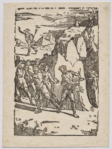 The Alchemical Properties of Metal: Mercury, Vulcan, and the Alchemist in the Cave by Domenico Beccafumi, print, 1530-1539