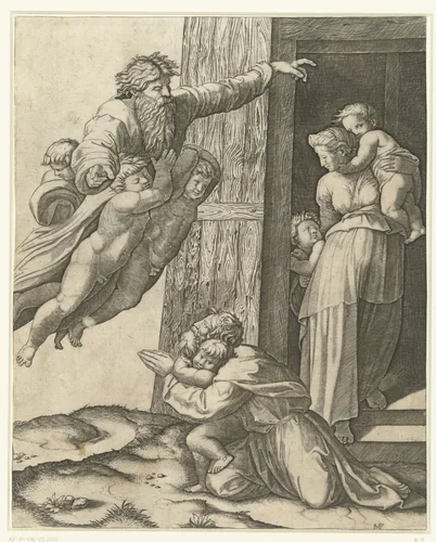 God verschijnt aan Noach na de zondvloed by Marcantonio Raimondi, print, 1513-1515