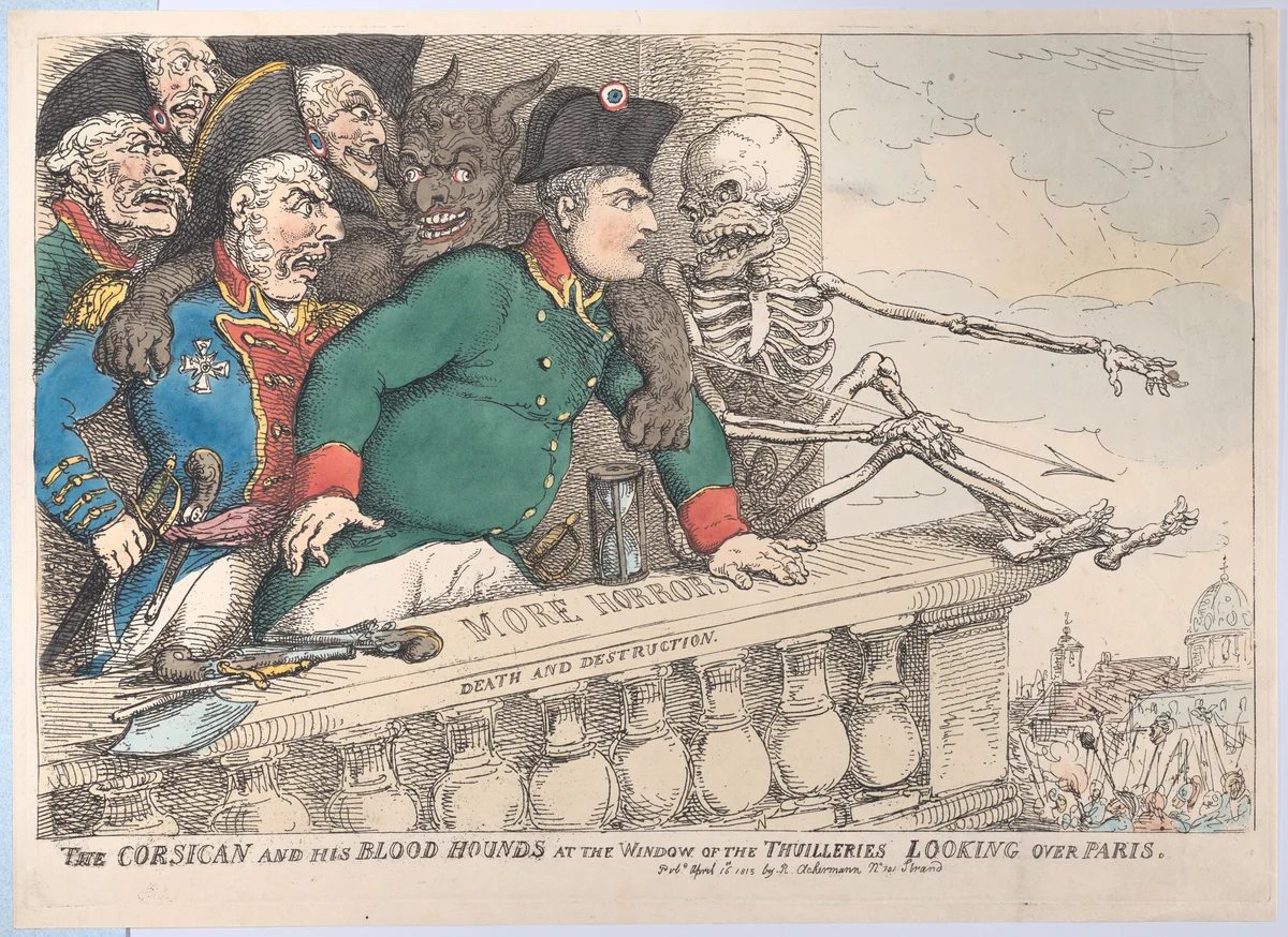 The Corsican and His Bloodhounds at the Window of the Thuilleries Looking Over Paris by Thomas Rowlandson, print, 1815