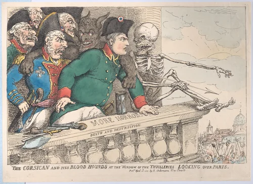 The Corsican and His Bloodhounds at the Window of the Thuilleries Looking Over Paris by Thomas Rowlandson, print, 1815