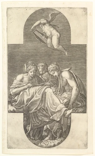 Three Muses and a Putto with a Lyre, a cruciform composition, from a series of eight compositions after Francesco Primaticcio's designs for the ceiling of the Gallery of Ulysses (destroyed 1738–39) at Fontainebleau by Giorgio Ghisi, print, 1560-1569