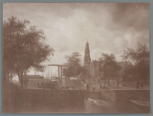 Fotoreproductie van schilderij Gezicht op de Haarlemmersluis en Haringpakkerstoren, naar Meindert Hobbema by anonymous, photograph, 1880-1920