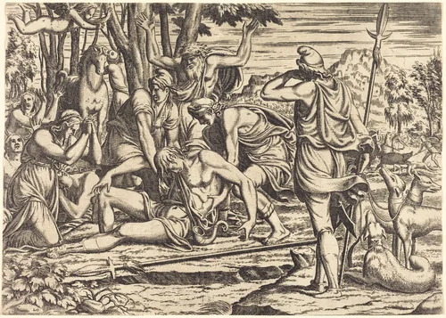 The Death of Adonis by Léon Davent; Luca Penni, print, 1476-1600